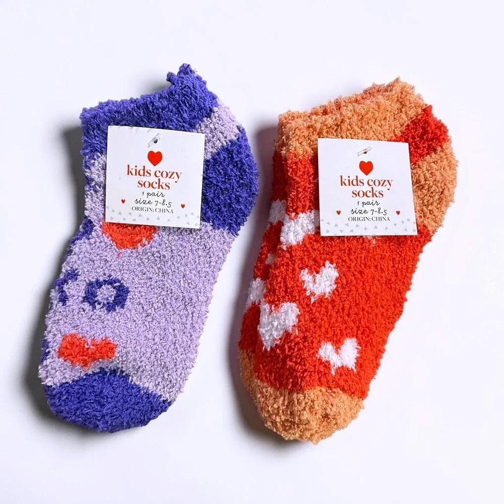 Kids Cozy Fuzzy Socks 6 Pair Bundle Hearts XO Purple Orange Red Size 7-8.5 NEW